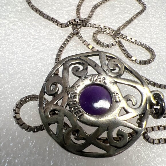 Didac Israel Silver Filigree Pendant Amethyst Cabochon 18” Italian Box Chain Vtg - Picture 5 of 14